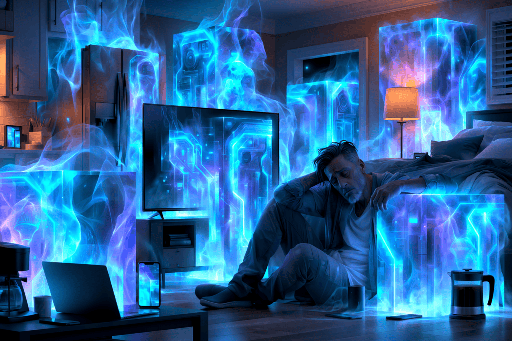 An exhausted man sits on the floor as glowing blue AI systems spread through his television, refrigerator, laptop, phone, furniture, and other household objects.
