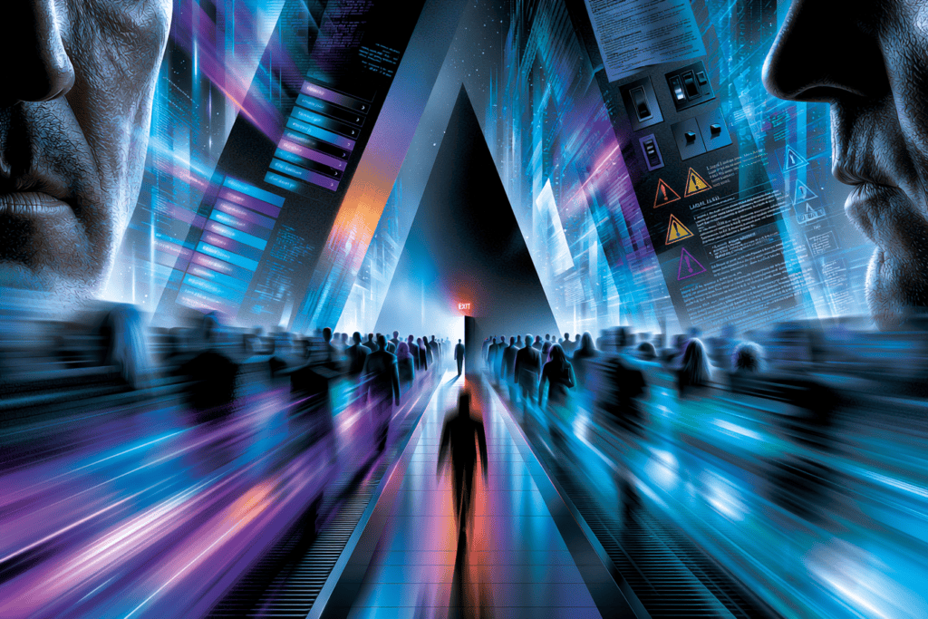 Crowds move rapidly through a futuristic corridor surrounded by enormous digital menus and warning panels while a small red exit sign glows in the distance.