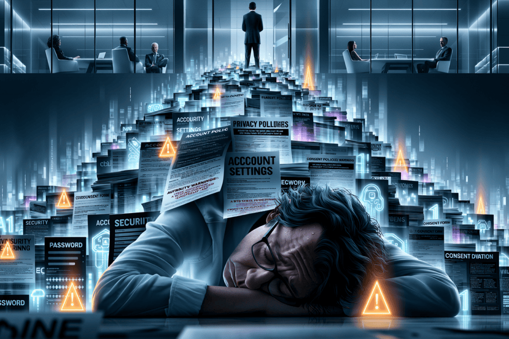 An exhausted man collapses beneath stacks of privacy policies, account settings, password screens, consent forms, and security warnings while corporate executives observe from glass offices above.